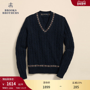 Brooks Brothers/布克兄弟男士25秋冬新品绵羊毛V领绞花花纹毛衣