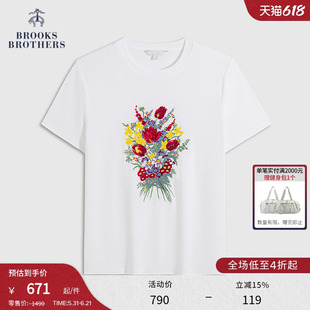 Brooks Brothers/布克兄弟女士夏新款supima棉纯色刺绣花束T恤