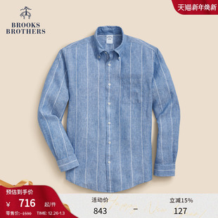 亚麻竖条纹纽扣领休闲衬衫 Brooks 25新品 布克兄弟男士 Brothers