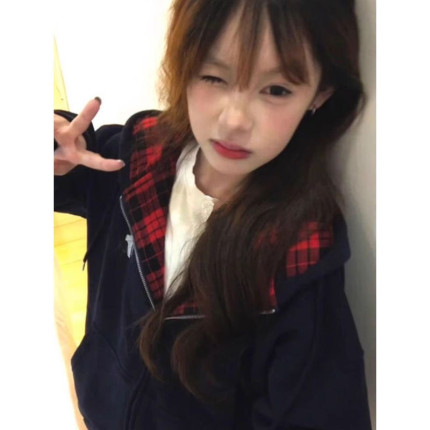 撞色格子拼接连帽卫衣女秋冬oversize加绒加厚宽松慵懒风开衫外套