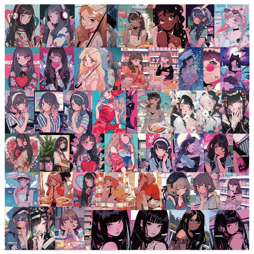 日系插画原宿少女贴纸ins风复古蒸汽行李箱贴涂鸦装饰防水不重复