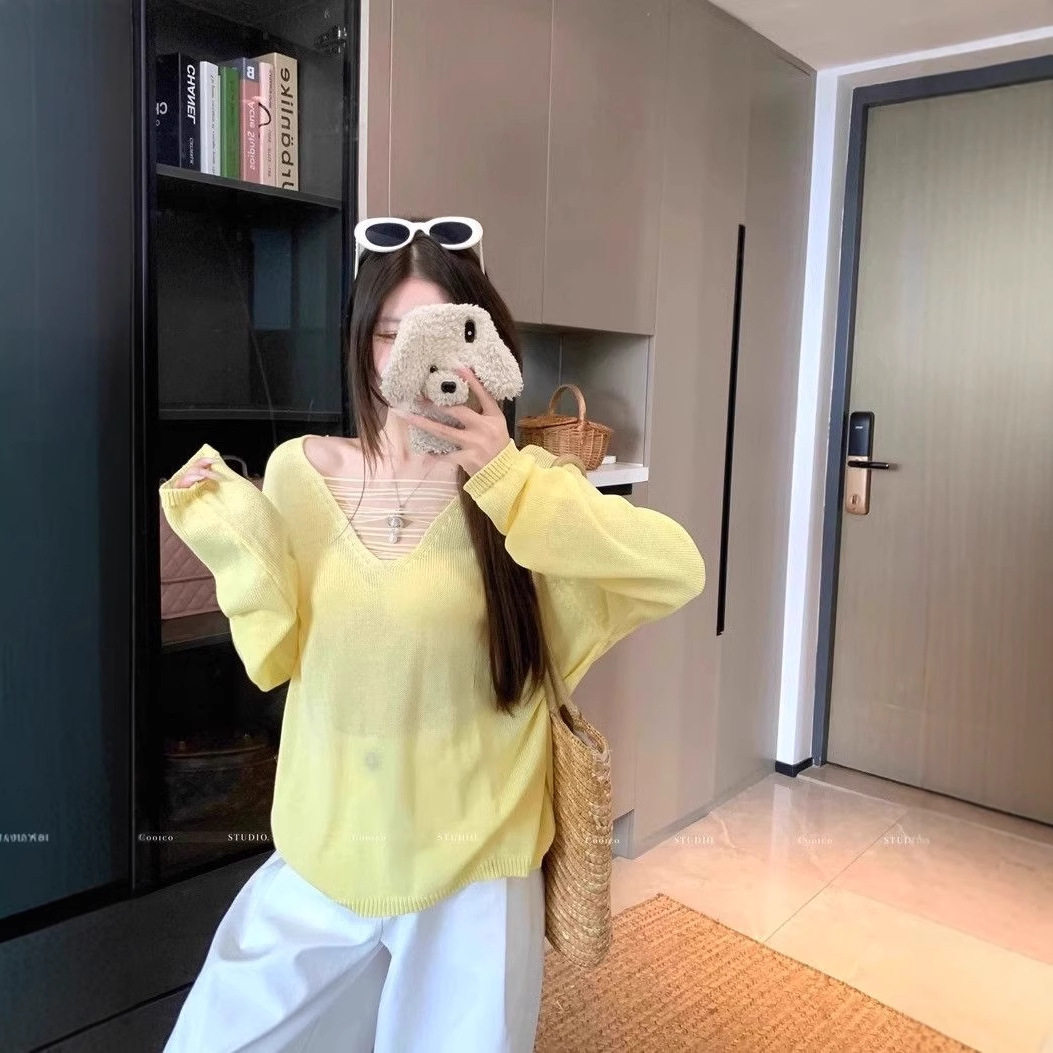 黄色镂空v领针织衫女夏薄款微透防晒罩衫宽松慵懒风套头空调上衣
