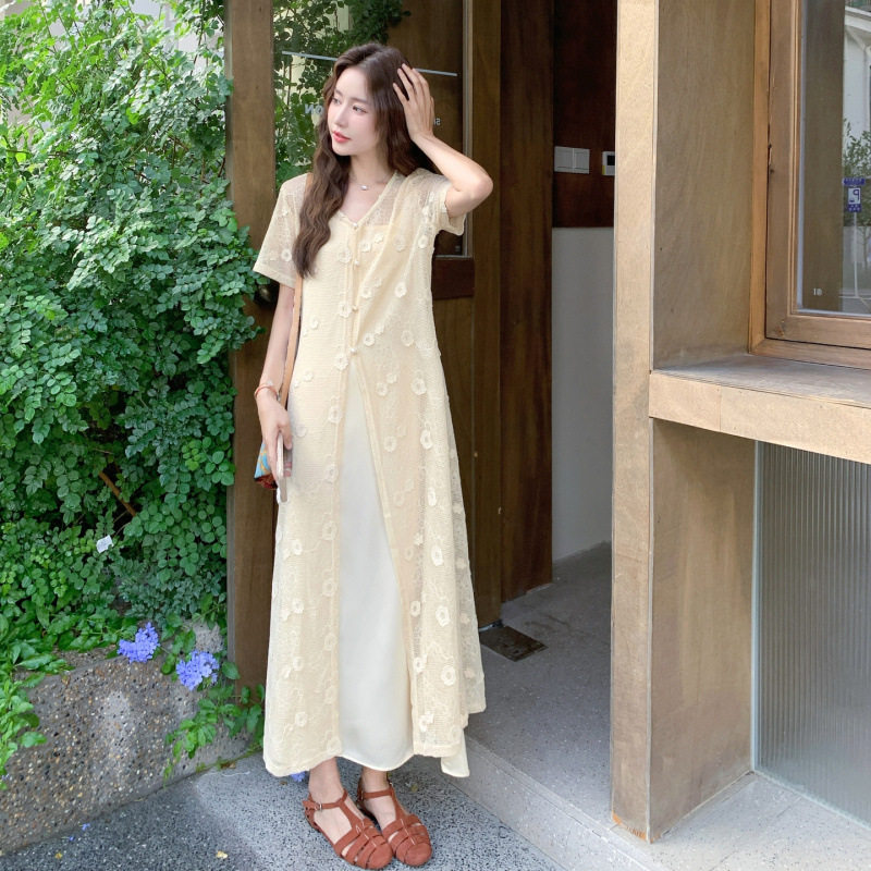 实拍蕾丝开衫吊带连衣裙套装女夏日绝美御姐气质叠穿两件套温柔风