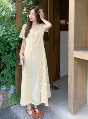 实拍蕾丝开衫吊带连衣裙套装女夏日绝美御姐气质叠穿两件套温柔风