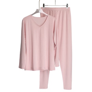 新款秋冬女V领桑蚕丝棉睡衣套装薄款居家服针织真丝秋衣裤棉毛衫