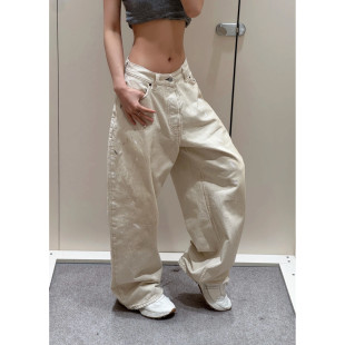 AC做旧泼墨手绘白色牛仔裤 子2026春夏潮 高腰直筒阔腿拖地休闲裤