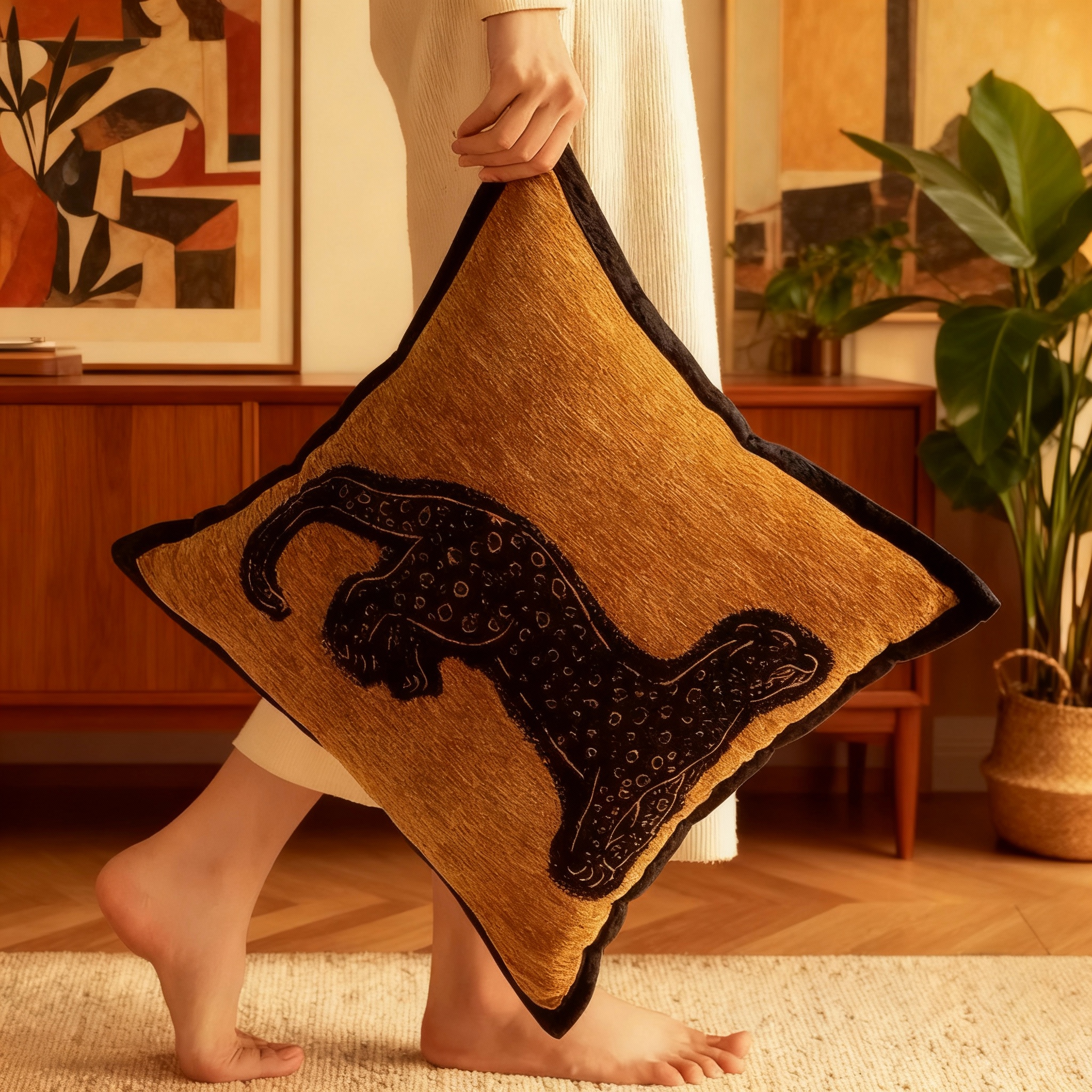 复古怀旧豹纹绒面刺绣沙发抱枕