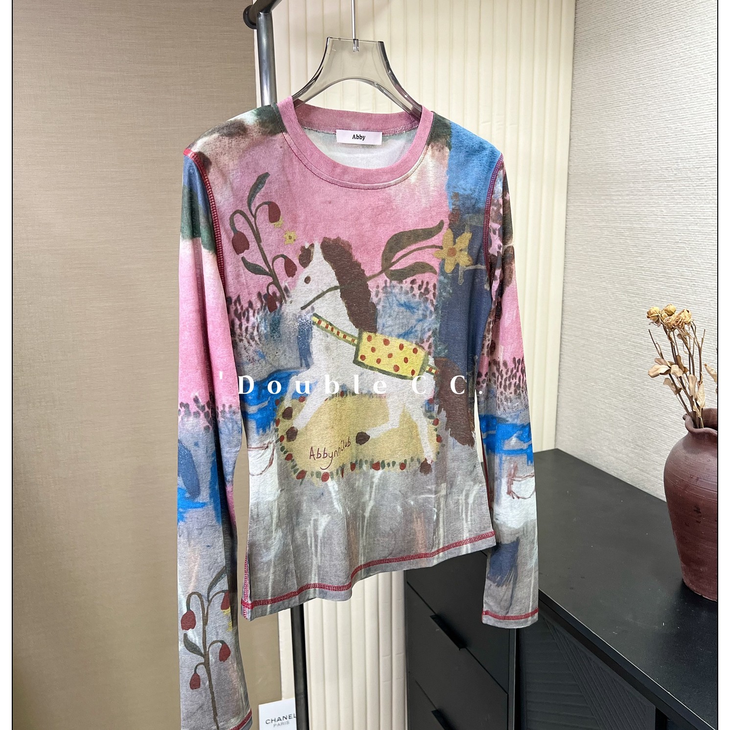 双C高定2026早春新款艺术油画涂鸦马修身长袖女薄款防晒百搭上衣T