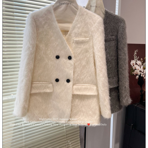 2025冬季新毛绒双排扣西装外套女