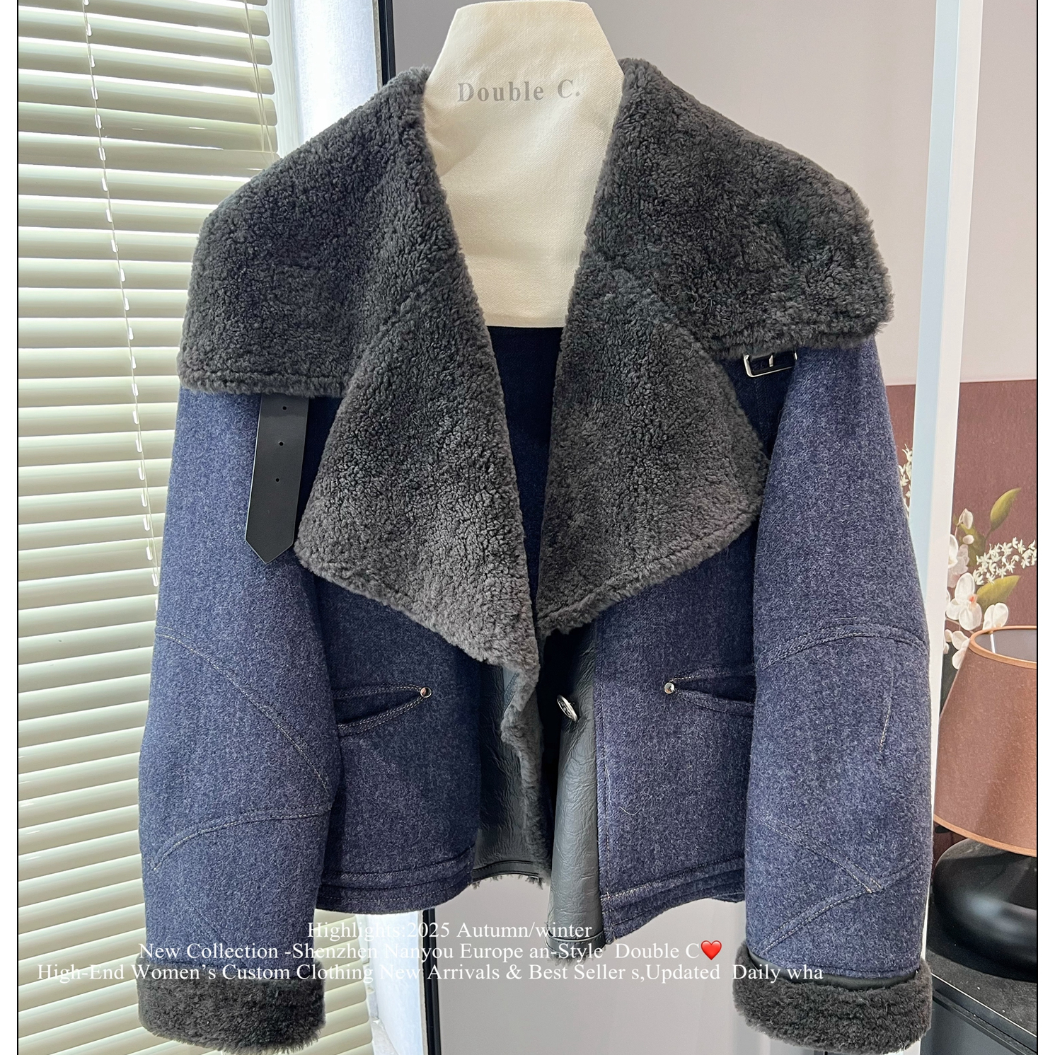 25冬皮毛一体牛仔拼接羊羔毛外套