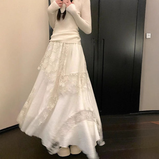 春季多裁片重工刺绣蕾丝网纱半身裙大摆a字不规则设计感小众长裙