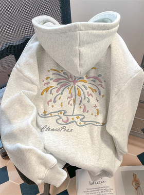 美式潮牌oversize新年烟花卫衣女加绒加厚冬季慵懒风情侣连帽外套