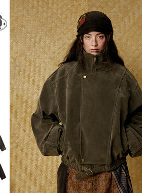 BTBDBTE美式设计感复古PU皮夹克男女宽松立领机车痞帅外套潮W2536