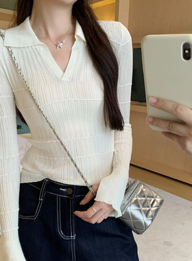 polo领喇叭长袖白色针织打底衫女新款入秋高级感穿搭修身chic上衣