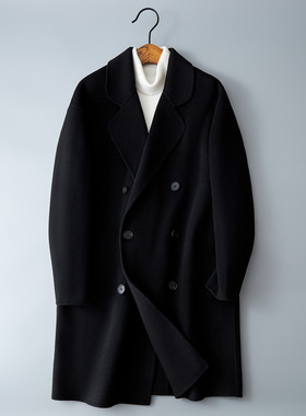 欧洲站2024秋冬新款男士双面呢羊毛中长款双排扣休闲商务潮款大衣