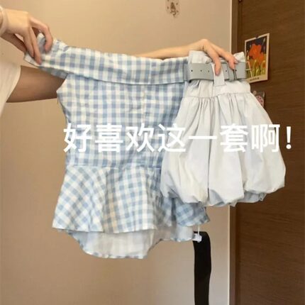 韩系简约蓝色清爽一字肩格纹修身上衣高腰短款花苞裙2026夏季新款