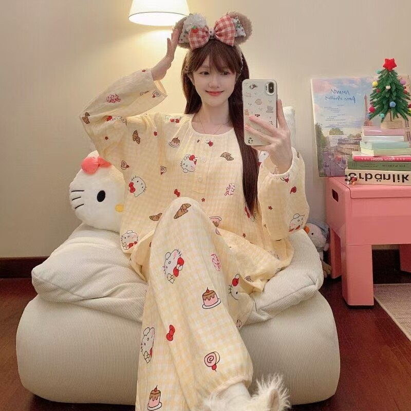 250斤春秋季胖mm大码睡衣女宽松显瘦甜美圆领长袖长裤家居服套装