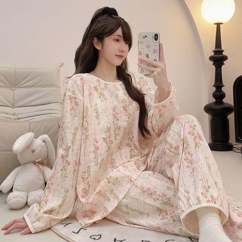250斤宽松特大码睡衣女春秋季薄款ins风圆领套头长袖家居服套装