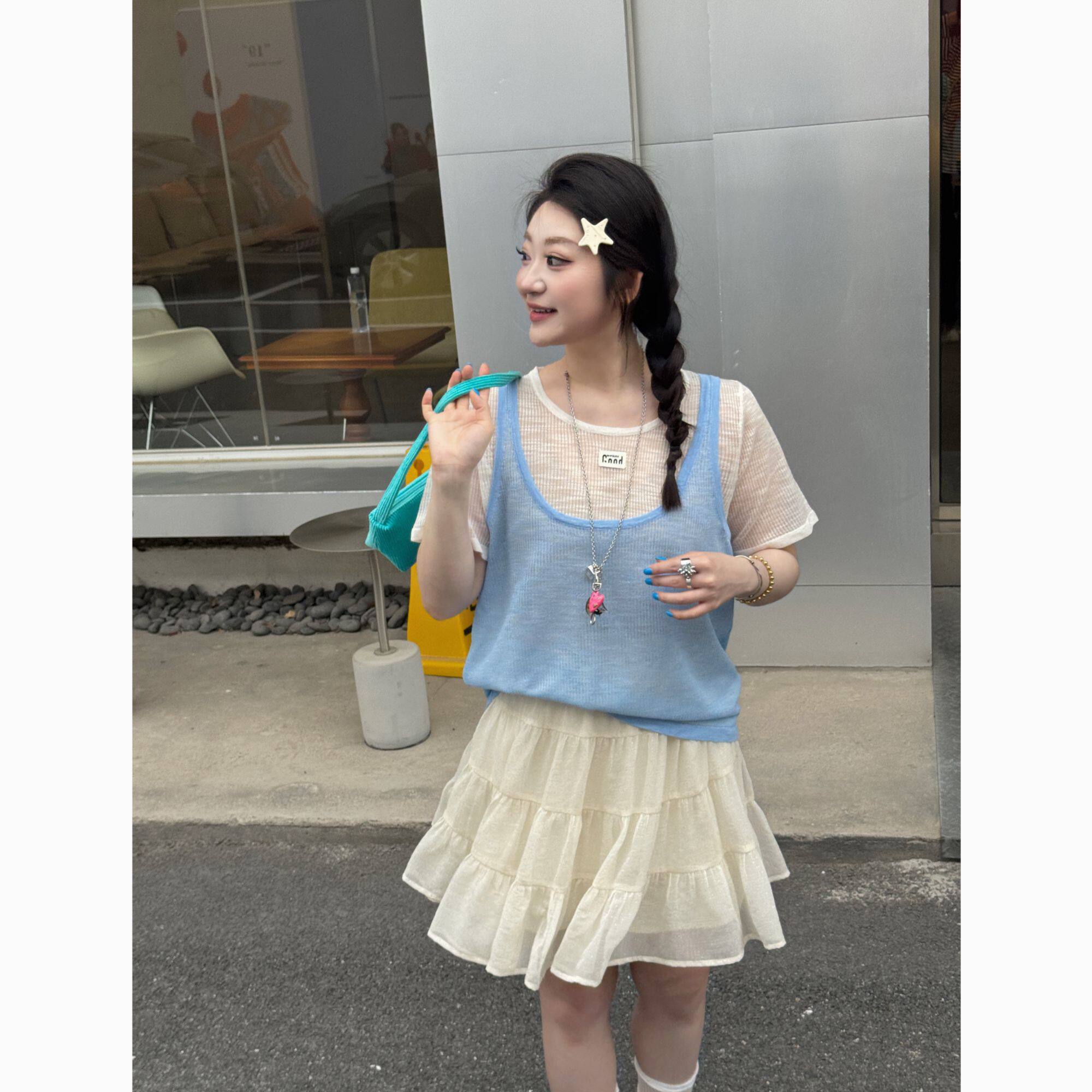 晶咕绿标【琉光浅夏】韩系圆领设计感时尚减龄假两件上衣