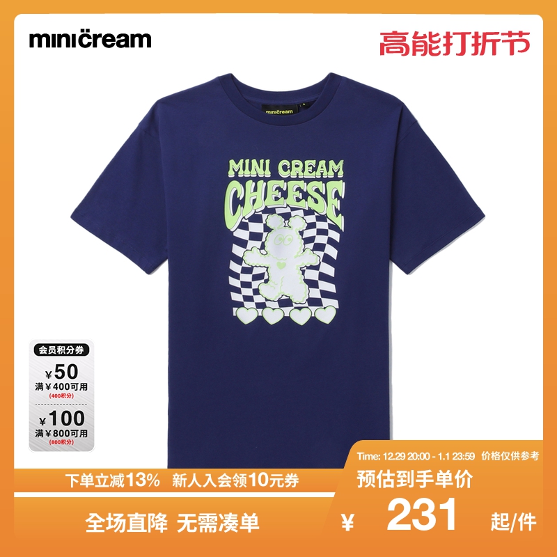 mini cream女装2023夏季新品棋盘格小怪兽印花全棉圆领短袖T恤