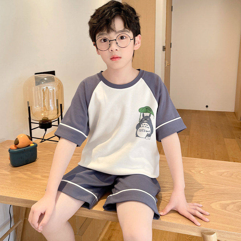全棉纯棉男童睡衣儿童夏季薄款纯棉短袖套装中大童12岁男孩洋气夏