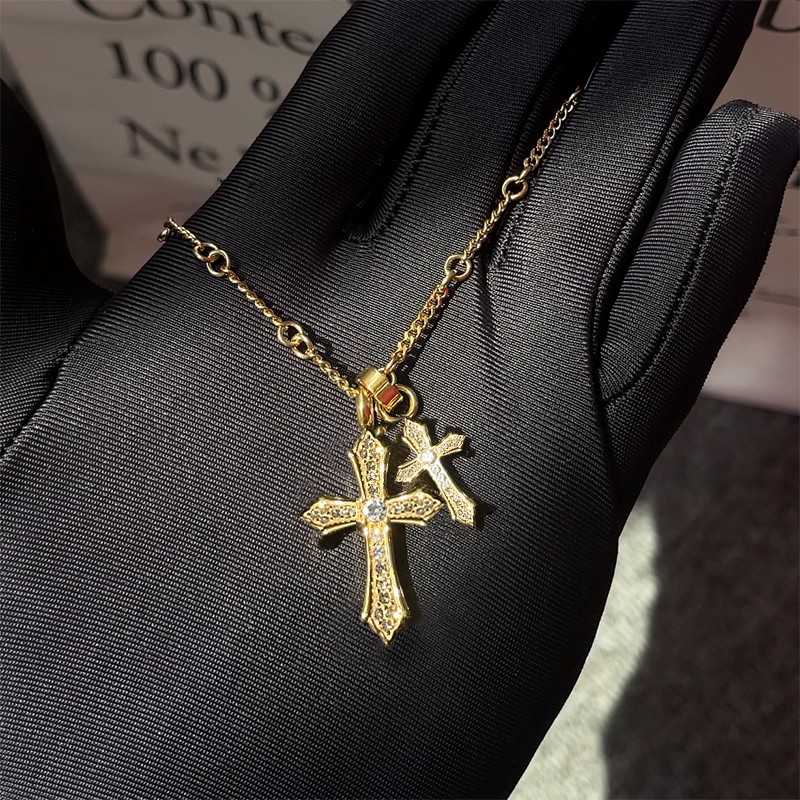 钛钢项链 K罗不掉色双十字架男女潮流高级感吊坠小众轻奢毛衣链