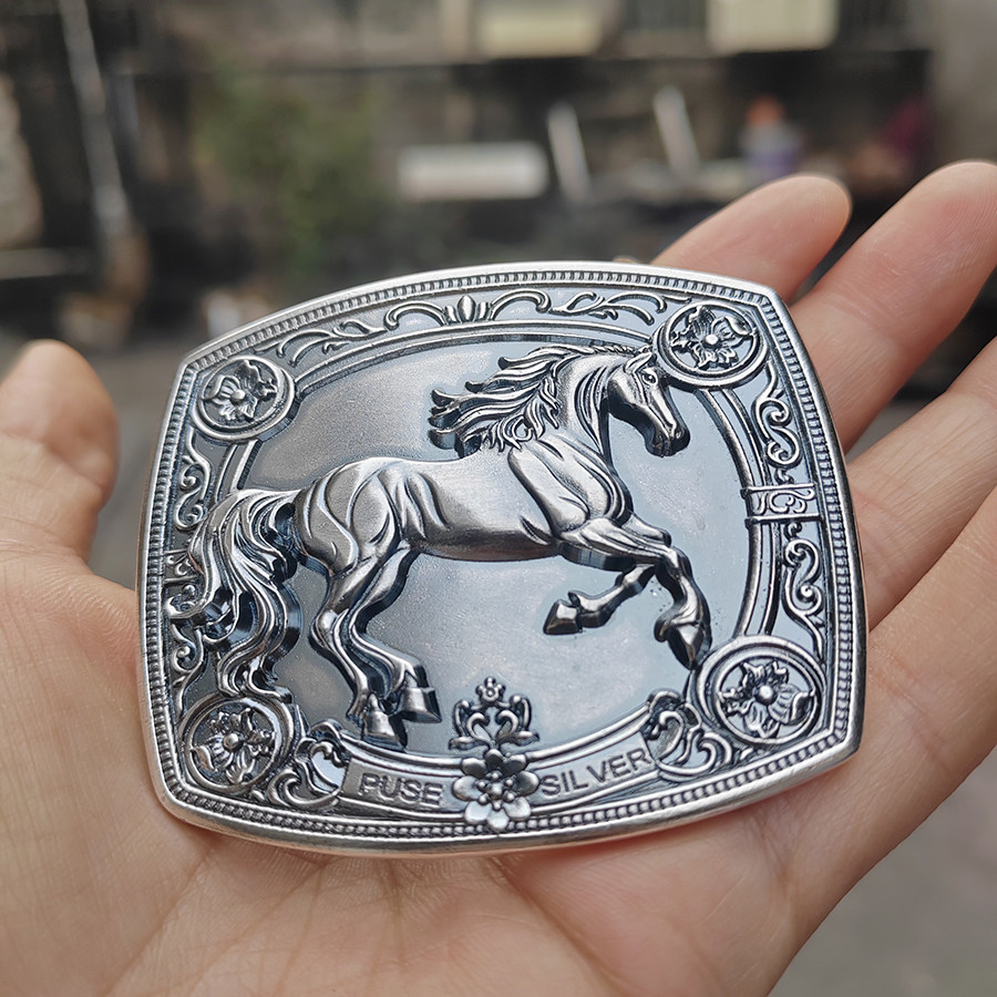 S999足银马上有钱皮带扣头实心生肖马腰带扣男平滑扣单扣腰带扣头