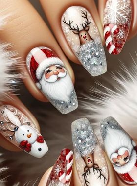 Medium long fake nails for Christmas party Cute snowman Sant