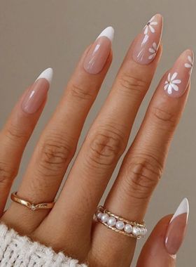 24Pcs Almond Head Fake Nails Daisy Full Coverage Nail Art Ac