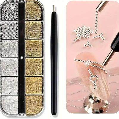 12Grids Mini Caviar Beads Nail Art Decorations Metal Gold/Si