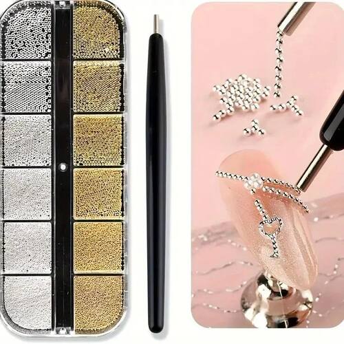 12Grids Mini Caviar Beads Nail Art Decorations Metal Gold/Si
