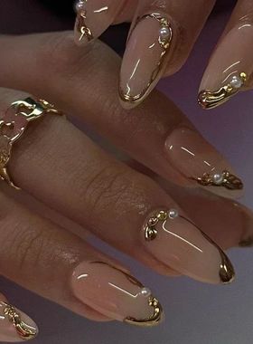 24Pcs French Gold Edge Wearable Almond Press on Fake Nails