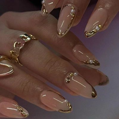 24Pcs French Gold Edge Wearable Almond Press on Fake Nails