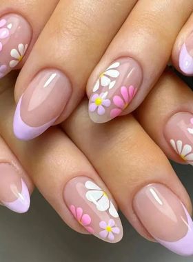 24Pcs Pink Flower Short Almond Press-on Nails Set Glossy Acr