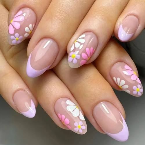 24Pcs Pink Flower Short Almond Press-on Nails Set Glossy Acr