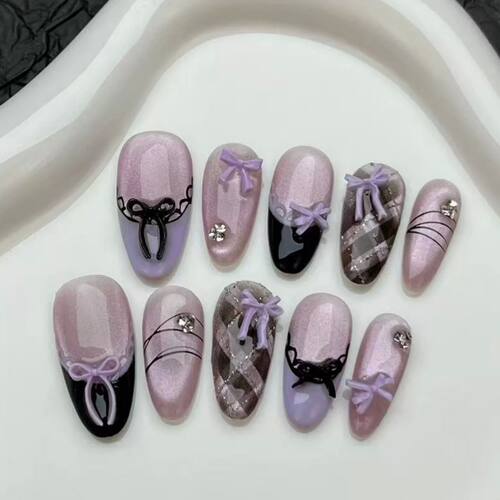 10pcs Purple Cat's Eye Handmade Fake Nails Tips Glitter Mid-