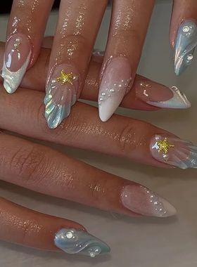 24pcs Summer Fake Nails Press on Almond Wearable 3D Butterfl