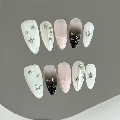 10pcs Almond Fake Nails Star Glitter False Nails Handmade Rh
