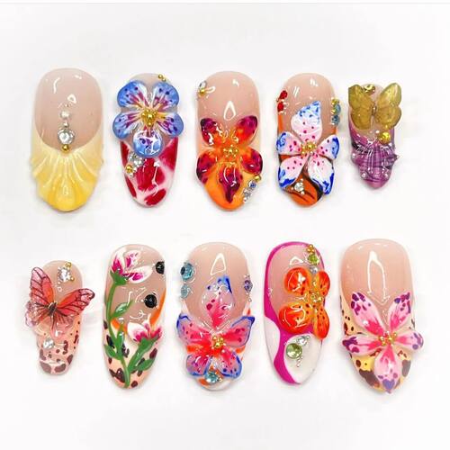24pcs Tropical Flower Press On Nails Colorful French 3D Crys