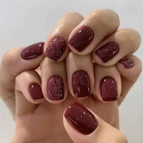 24Pcs/set Short Solid Color Wine Red Fake Nail Tips Glitter
