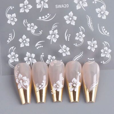 5D Hibiscus Flower Nail Embossed Sticker Acrylic Pink White