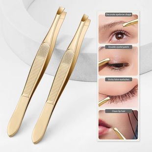 A gold stainless steel eyebrow tweezers, with flat and obliq