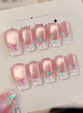 10Pcs Handmade Press on Nails Full Cover Shiny Cat Eye Butte