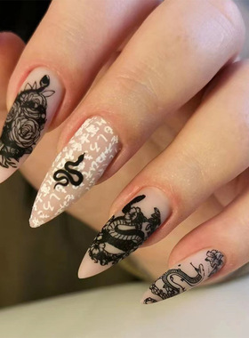 24PCS Fake Nails With Black Snake Dragon Decorations Long De