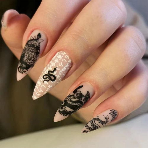 24PCS Fake Nails With Black Snake Dragon Decorations Long De