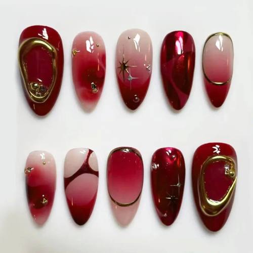 24pcs Deep Red Simple French Fake Nails Baroque Starry Ins P