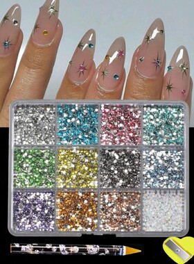 12Grids 6000pcs 3D Resin Nail Art Rhinestones with Tools 2mm