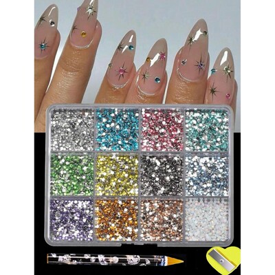 12Grids 6000pcs 3D Resin Nail Art Rhinestones with Tools 2mm
