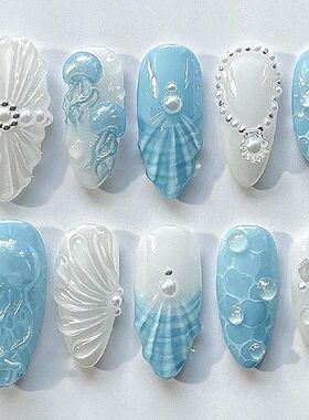 30PCS Blue Almond False Nails French Press on Nails Summer S