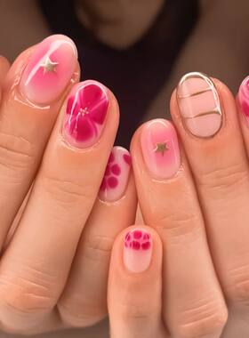 24pcs Sweet Pink Flower Press On Nails Glossy Short Almond F